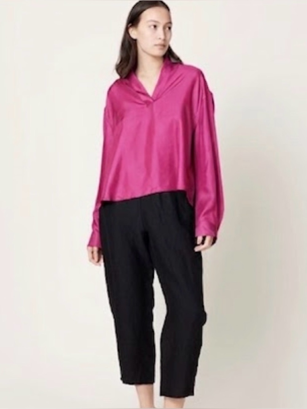 NWT 6397 Gathered Polo Top in Fuchsia Silk Twill Relaxed Tomboy Stella Ishii M
